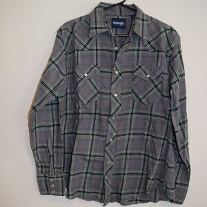 Men's‎ Wrangler Grey Plaid Button Up - Size Large